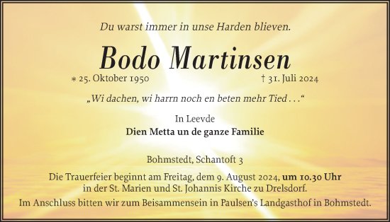 Traueranzeige von Bodo Martinsen von Husumer Nachrichten, Nordfriesland Tageblatt