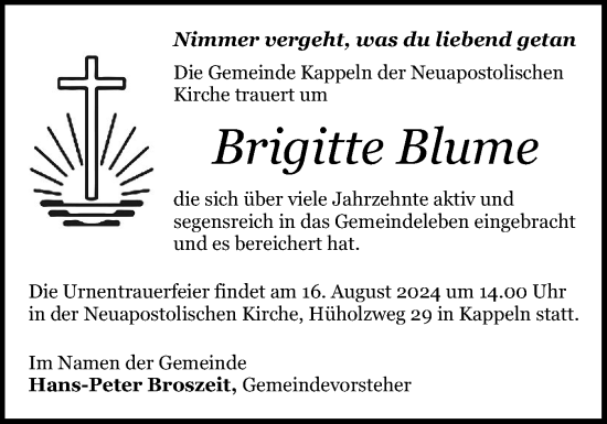 Traueranzeige von Brigitte Blume von Schleswiger Nachrichten, Schlei-Bote