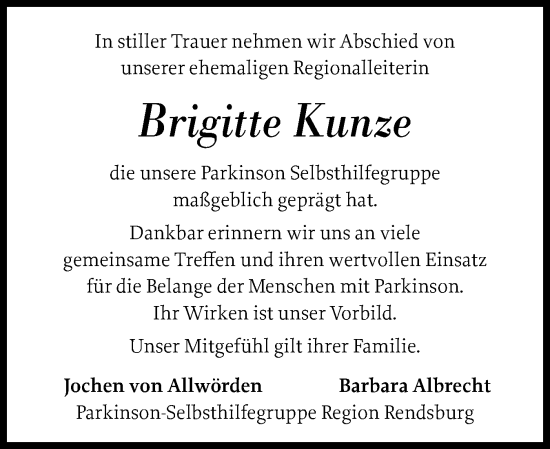Traueranzeige von Brigitte Kunze von Schleswig-Holsteinische Landeszeitung