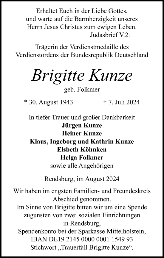 Traueranzeige von Brigitte Kunze von Schleswig-Holsteinische Landeszeitung