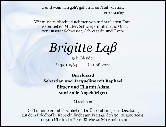 Traueranzeige von Brigitte Laß von Schleswiger Nachrichten, Schlei-Bote