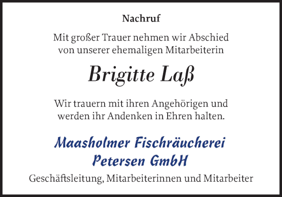 Traueranzeige von Brigitte Laß von Schleswiger Nachrichten, Schlei-Bote