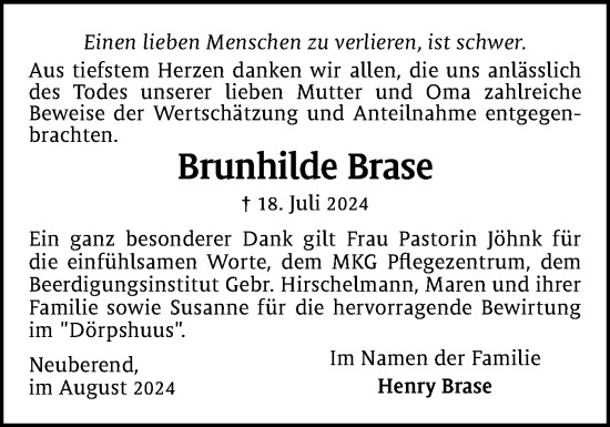 Traueranzeige von Brunhilde Brase von Schleswiger Nachrichten, Schlei-Bote