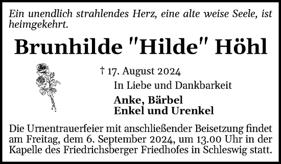 Traueranzeige von Brunhilde Höhl von Schleswiger Nachrichten, Schlei-Bote
