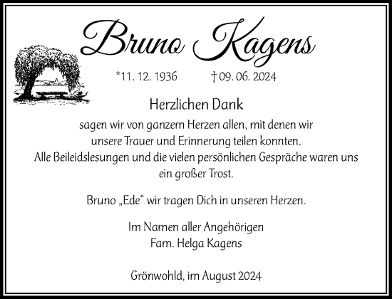 Traueranzeige von Bruno Kagens von Stormaner Tageblatt