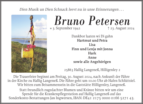 Traueranzeige von Bruno Petersen von Husumer Nachrichten, Nordfriesland Tageblatt