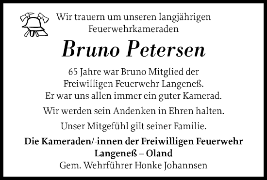 Traueranzeige von Bruno Petersen von Husumer Nachrichten, Nordfriesland Tageblatt