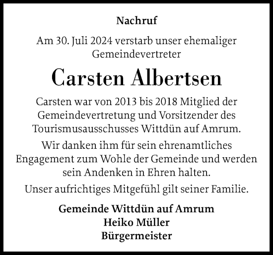 Traueranzeige von Carsten Albertsen von Der Insel-Bote