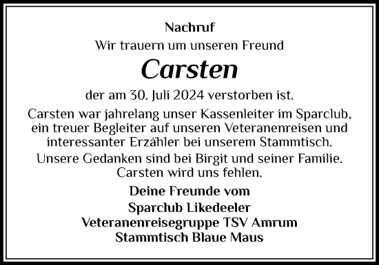 Traueranzeige von Carsten Albertsen von Der Insel-Bote