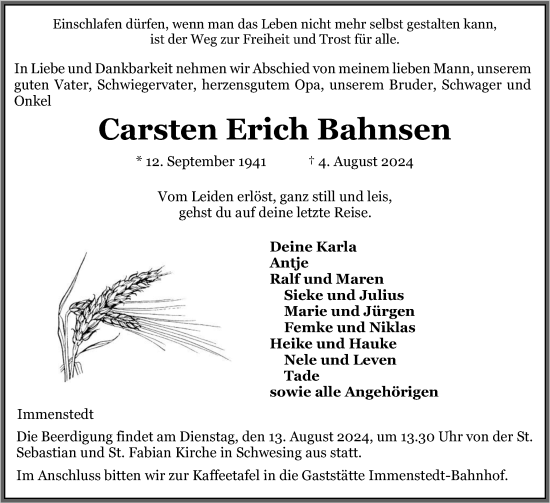 Traueranzeige von Carsten Erich Bahnsen von Husumer Nachrichten, Nordfriesland Tageblatt