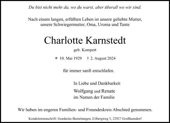 Traueranzeige von Charlotte Karnstedt von Stormaner Tageblatt
