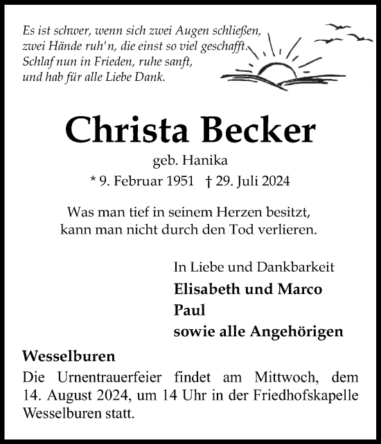 Traueranzeige von Christa Becker von Husumer Nachrichten, Nordfriesland Tageblatt
