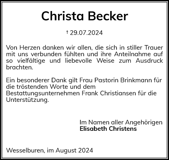 Traueranzeige von Christa Becker von Husumer Nachrichten, Nordfriesland Tageblatt