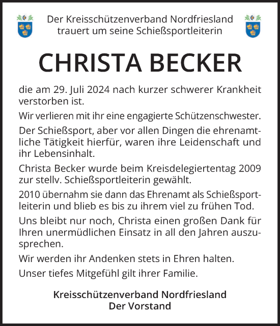 Traueranzeige von Christa Becker von Husumer Nachrichten, Nordfriesland Tageblatt