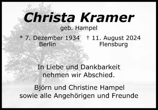 Traueranzeige von Christa Kramer von Flensburger Tageblatt