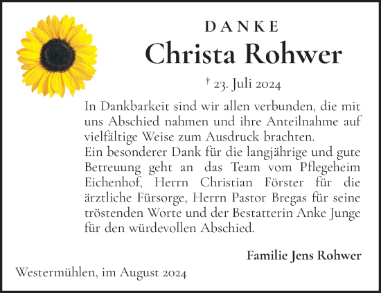 Traueranzeige von Christa Rohwer von Schleswig-Holsteinische Landeszeitung