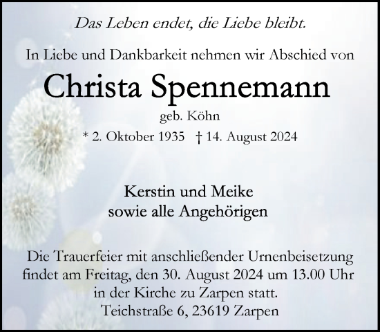 Traueranzeige von Christa Spennemann von Stormaner Tageblatt