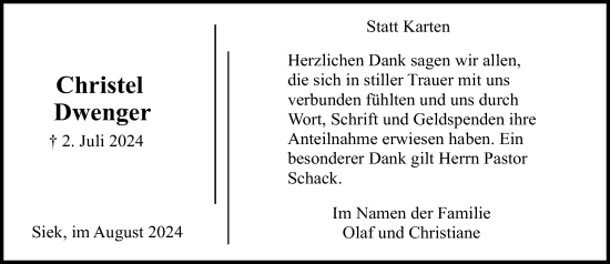 Traueranzeige von Christel Dwenger von Stormaner Tageblatt