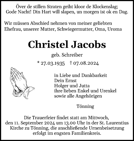 Traueranzeige von Christel Jacobs von Region Flensburg