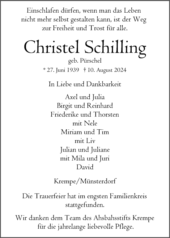 Traueranzeige von Christel Schilling von Norddeutsche Rundschau, Wilstersche Zeitung, Glückstädter Fortuna