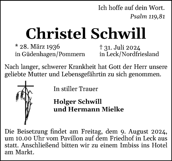 Traueranzeige von Christel Schwill von Husumer Nachrichten, Nordfriesland Tageblatt