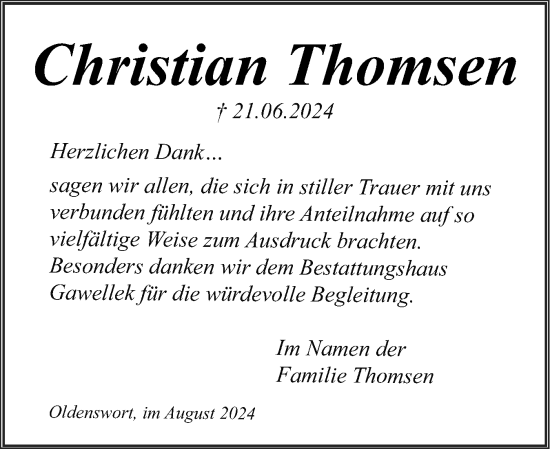 Traueranzeige von Christian Thomsen von Husumer Nachrichten, Nordfriesland Tageblatt