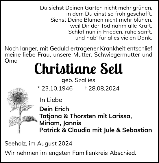 Traueranzeige von Christiane Sell von Eckernförder Zeitung, Hallo Eckernförde