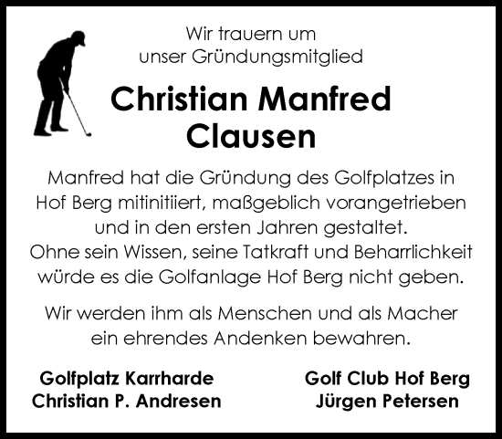 Traueranzeige von Christian Manfred Clausen von Husumer Nachrichten, Nordfriesland Tageblatt