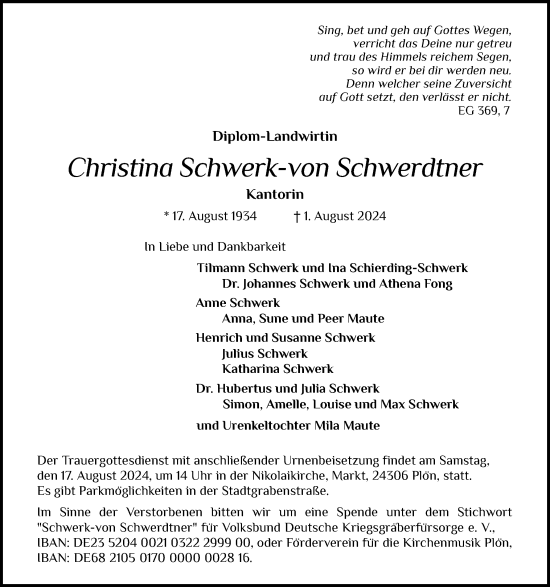 Traueranzeige von Christina Schwerk-von Schwerdtner von Ostholsteiner Anzeiger