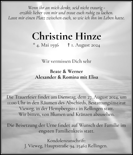 Traueranzeige von Christine Hinze von Region Pinneberg und tip Pinneberg