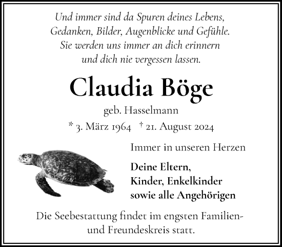 Traueranzeige von Claudia Böge von Schleswiger Nachrichten, Schlei-Bote