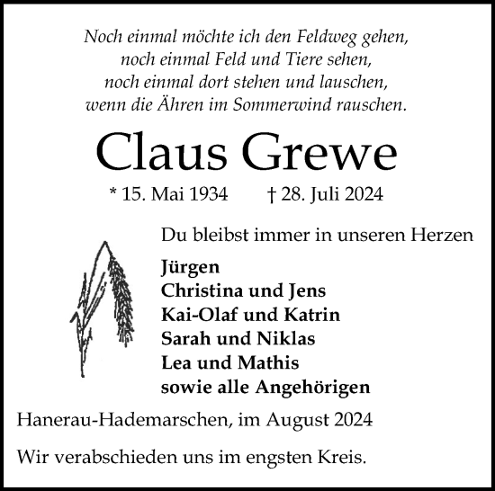 Traueranzeige von Claus Grewe von Schleswig-Holsteinische Landeszeitung