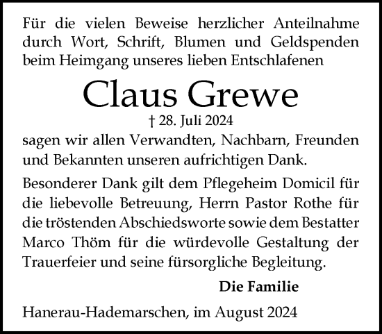 Traueranzeige von Claus Grewe von Schleswig-Holsteinische Landeszeitung