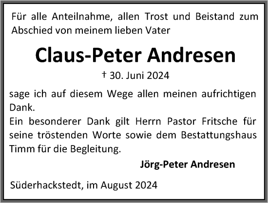 Traueranzeige von Claus-Peter Andresen von Region Flensburg