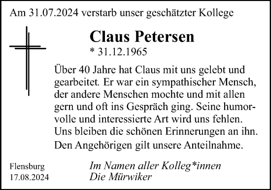 Traueranzeige von Claus Petersen von Flensburger Tageblatt