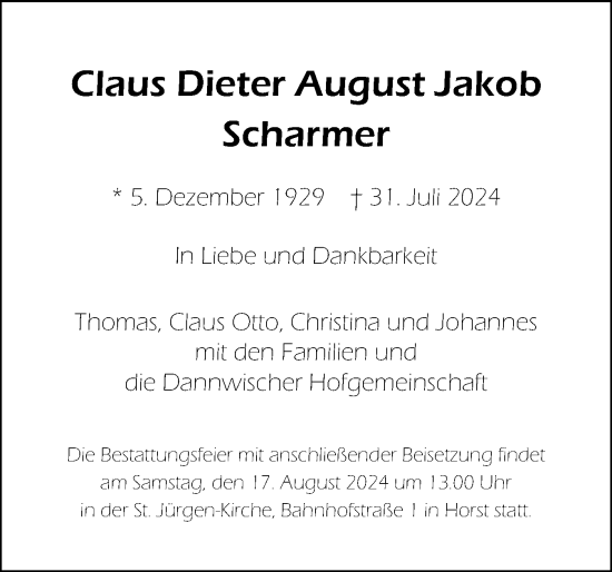 Traueranzeige von Claus Dieter August Jakob Scharmer von Elmshorner Nachrichten, Barmstedter Zeitung
