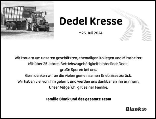 Traueranzeige von Dedel Kresse von Holsteinischer Courier