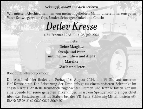 Traueranzeige von Detlev Kresse von Holsteinischer Courier