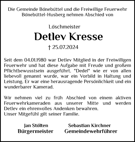 Traueranzeige von Detlev Kresse von Holsteinischer Courier