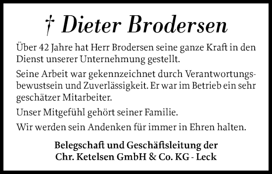 Traueranzeige von Dieter Brodersen von Husumer Nachrichten, Nordfriesland Tageblatt