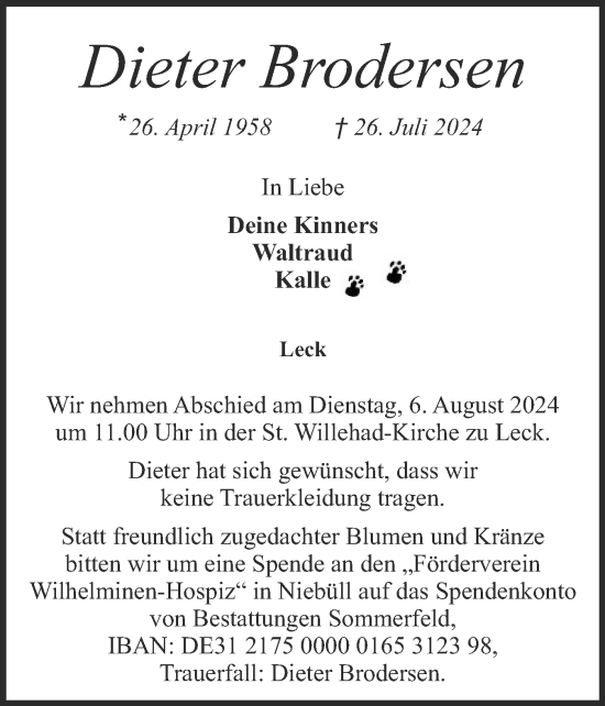 Traueranzeige von Dieter Brodersen von Husumer Nachrichten, Nordfriesland Tageblatt