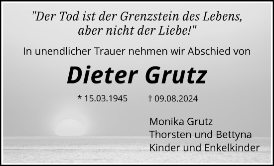 Traueranzeige von Dieter Grutz von Norddeutsche Rundschau, Wilstersche Zeitung, Glückstädter Fortuna