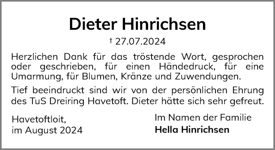 Traueranzeige von Dieter Hinrichsen von Flensburger Tageblatt, Schleswiger Nachrichten, Schlei-Bote
