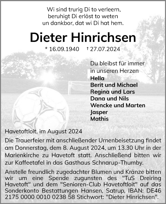Traueranzeige von Dieter Hinrichsen von Flensburger Tageblatt, Schleswiger Nachrichten, Schlei-Bote