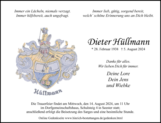 Traueranzeige von Dieter Hüllmann von Elmshorner Nachrichten, Barmstedter Zeitung