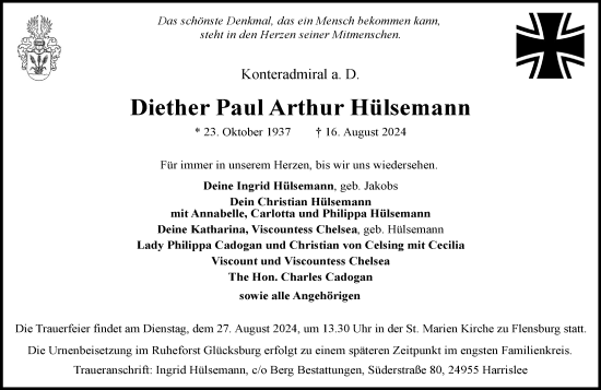 Traueranzeige von Diether Paul Arthur Hülsemann von Flensburger Tageblatt