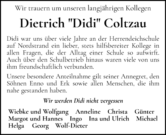 Traueranzeige von Dietrich  Coltzau von Husumer Nachrichten, Nordfriesland Tageblatt