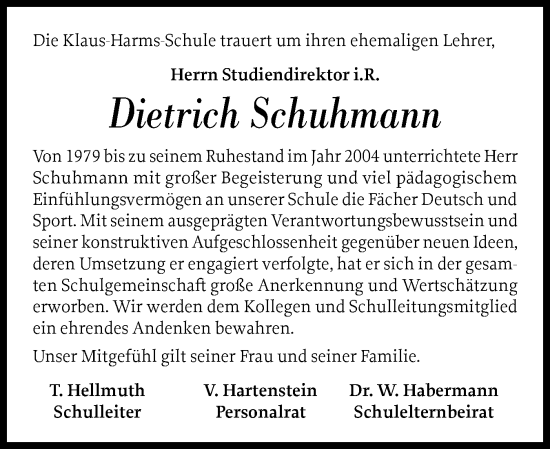 Traueranzeige von Dietrich Schuhmann von Flensburger Tageblatt