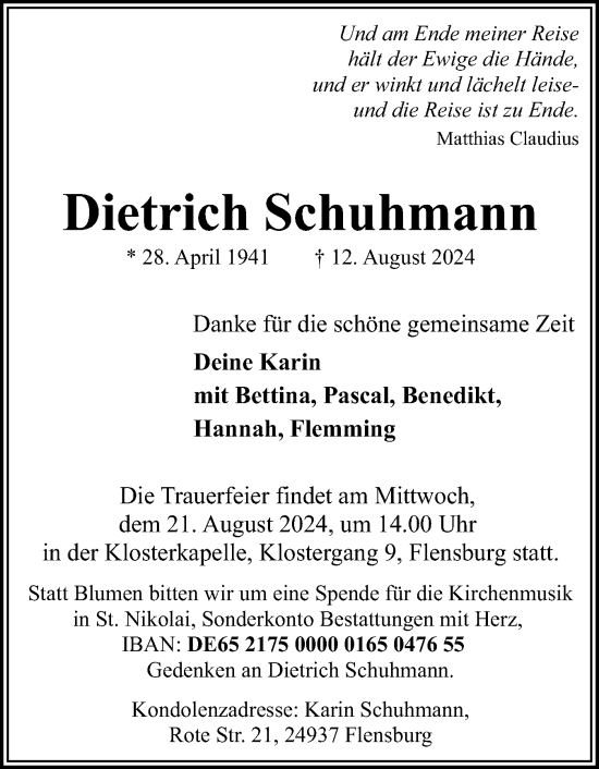 Traueranzeige von Dietrich Schuhmann von Flensburger Tageblatt, Schleswiger Nachrichten, Schlei-Bote