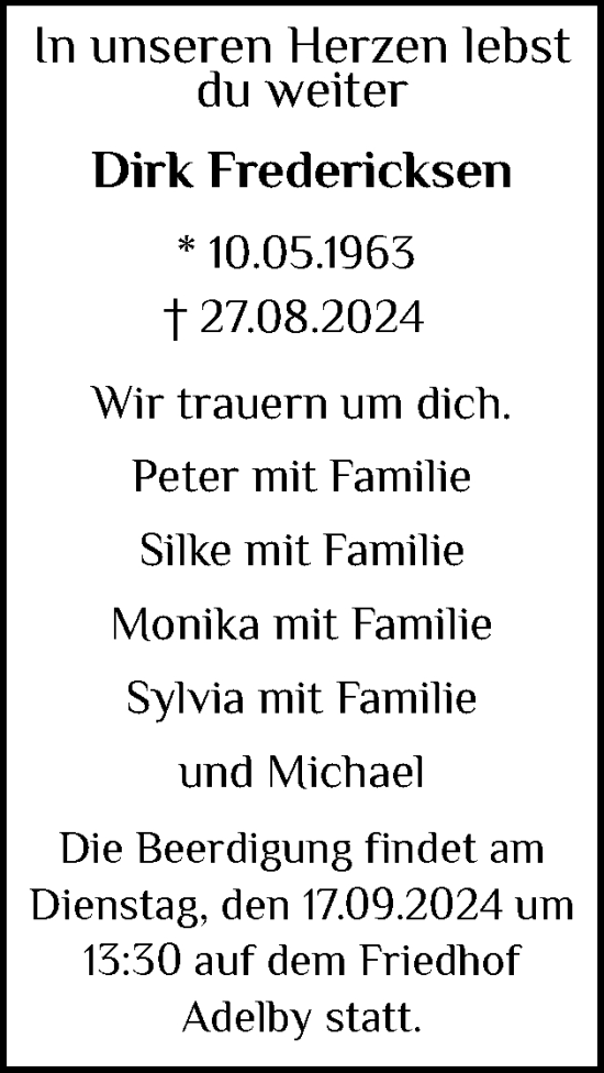 Traueranzeige von Dirk Fredericksen von Flensburger Tageblatt